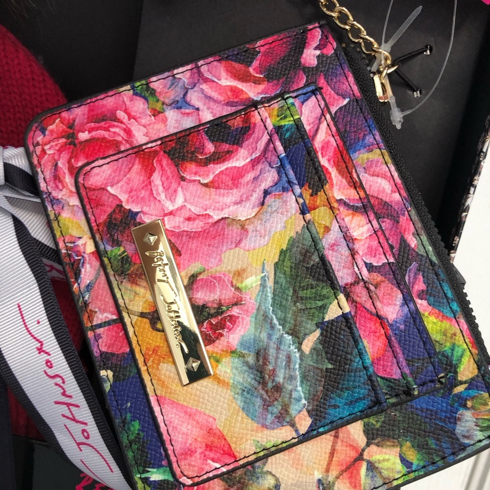 Betsey Johnson Pom Knit Hat & Keychain Floral Card Case Wallet Set New - Picture 5 of 16